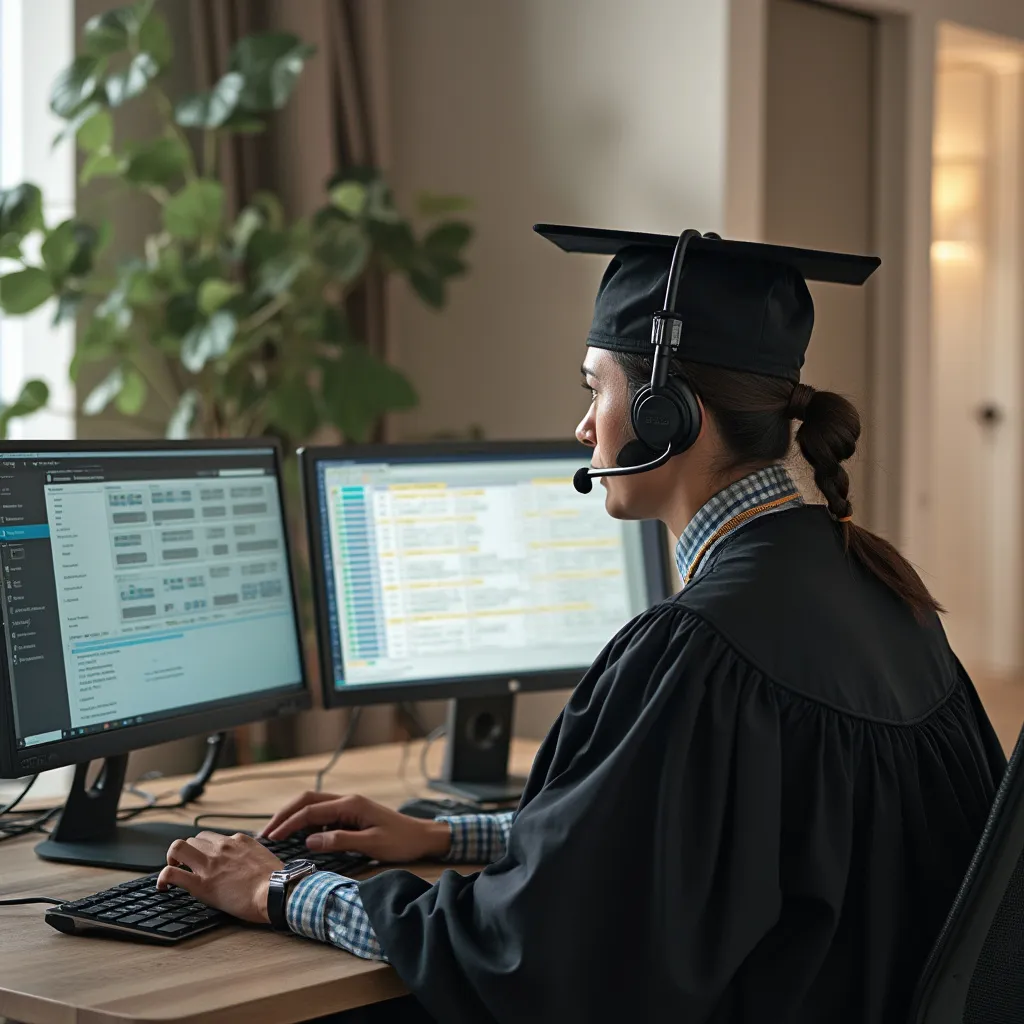 Estudiante trabajando remotamente después de graduarse